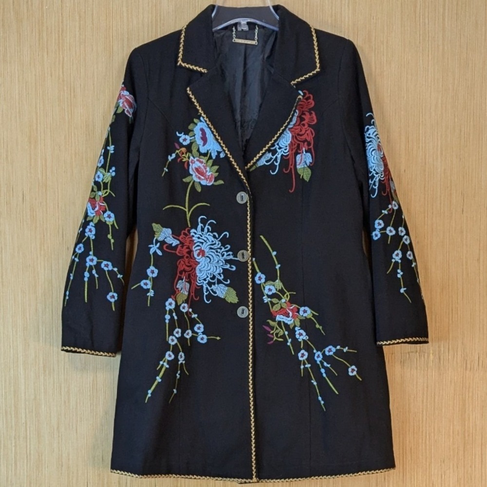 Paparazzi Floral Embroidered Boho Art Longline Blazer Jacket Black Cotton Small